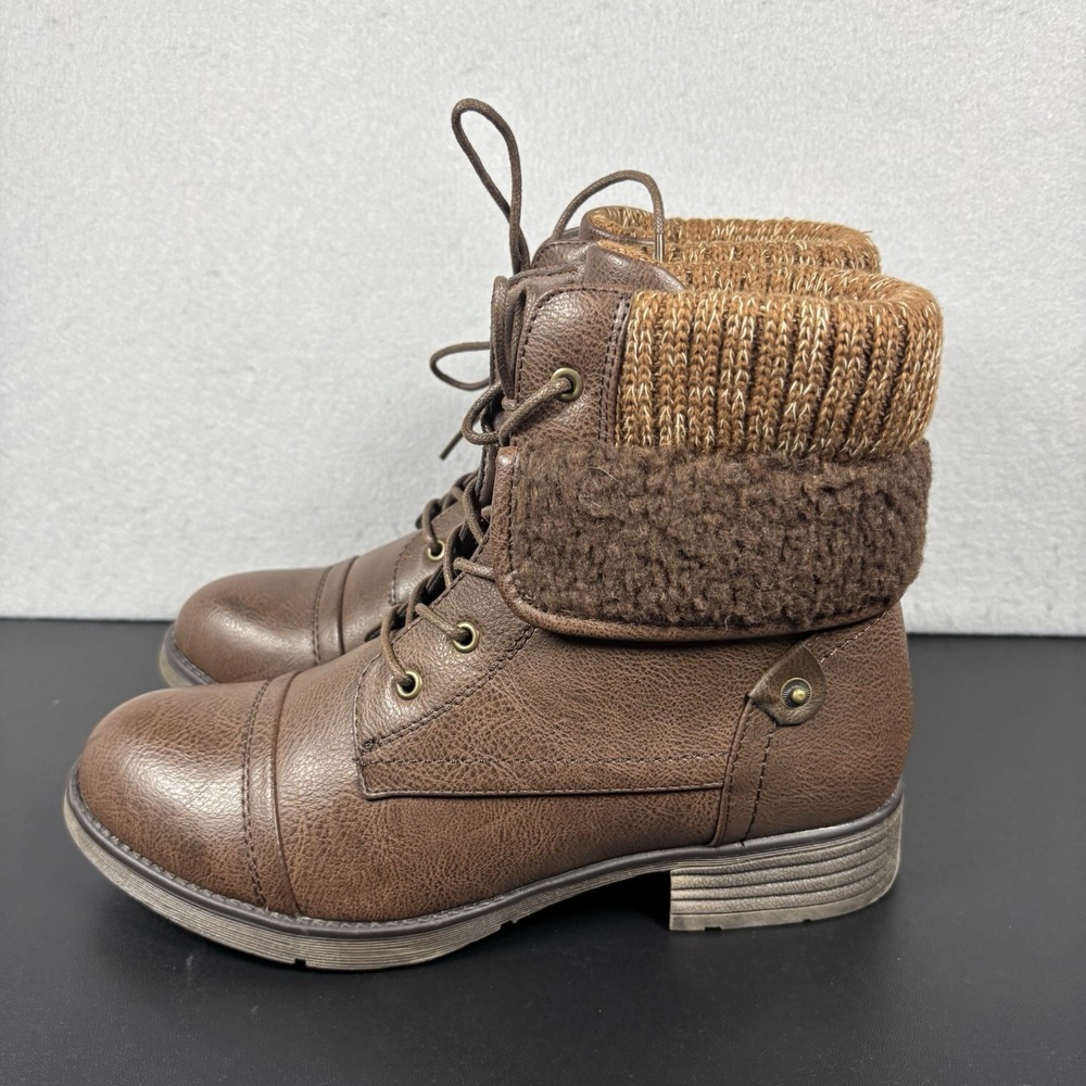 Women's Moda Chics Ankle Boots Brown Booties Size 9 NWOB Knit Cuffed Lace Up